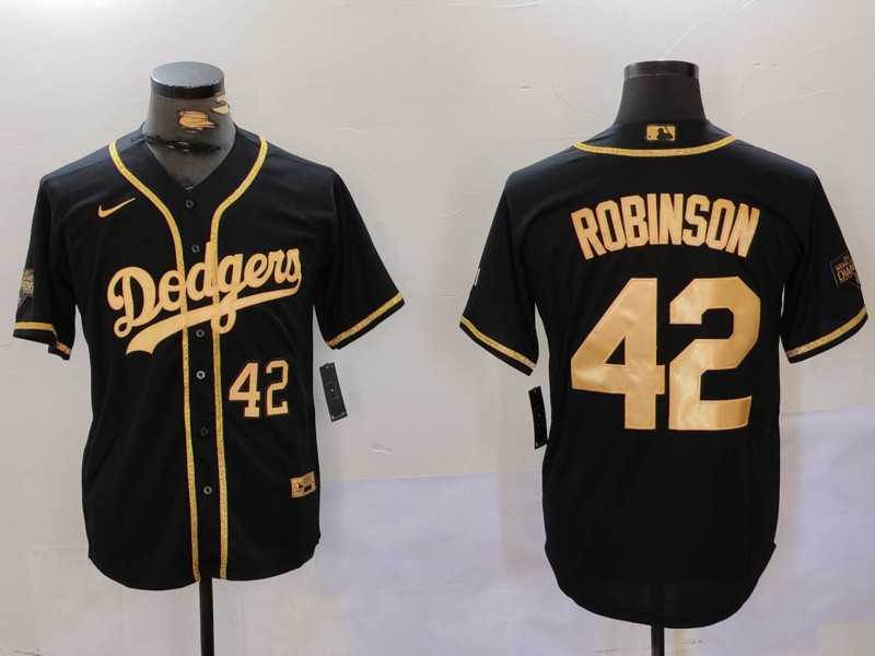 Mens Los Angeles Dodgers #42 Jackie Robinson Number Black Gold World Series Champions Cool Base Stitched Jersey